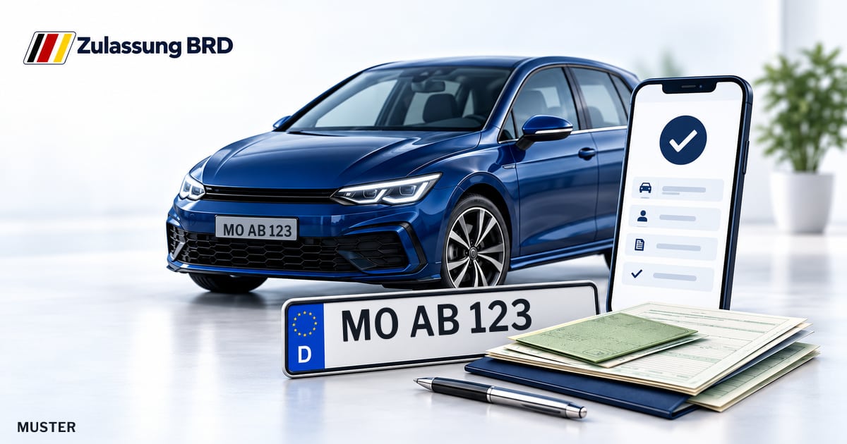 Online Fahrzeugzulassung in Neukirchen-Vluyn: Musterkennzeichen MO AB 123, Auto und Fahrzeugpapiere und Smartphone. Illustration mit Logo von Zulassung BRD.